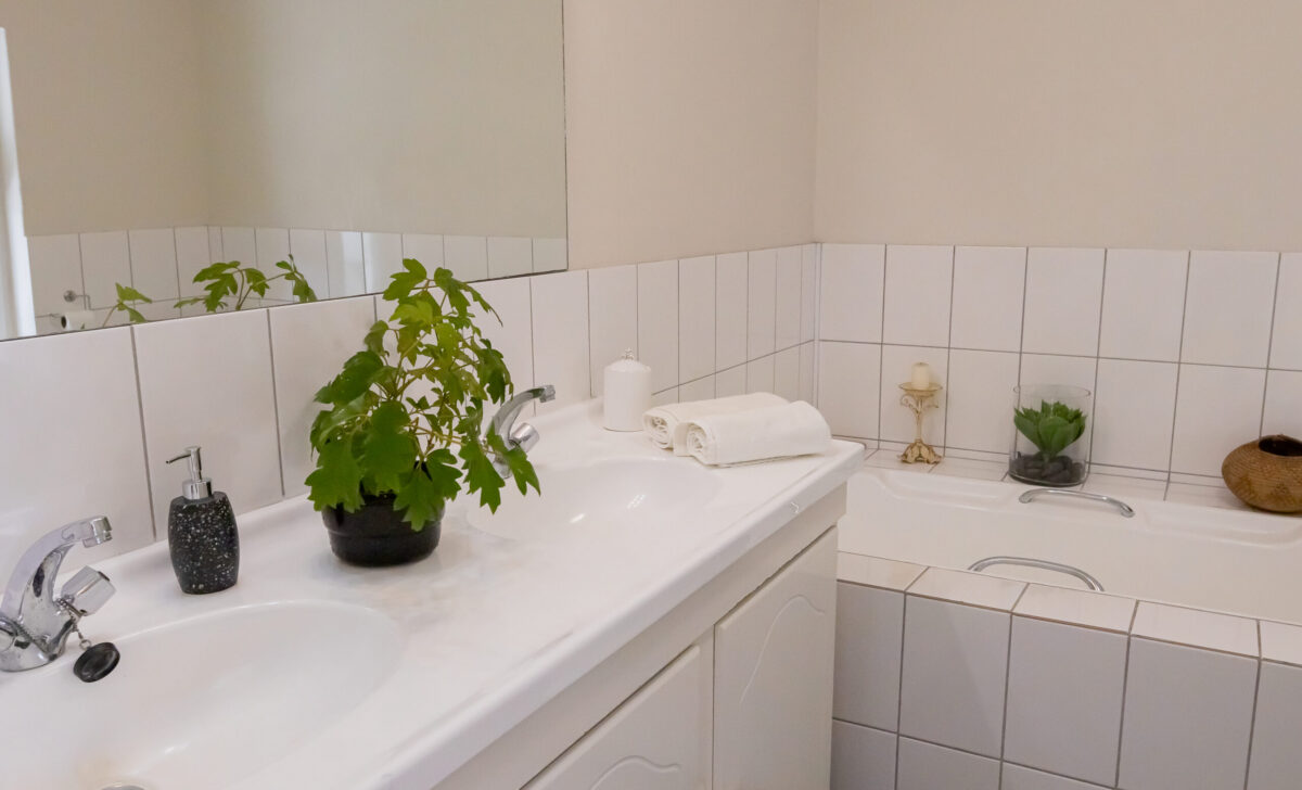 Hibiscus Suite bathroom with double vanity and bath